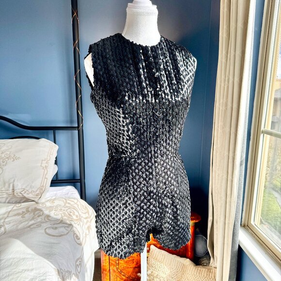1960s Vintage Black Sequin Romper - Picture 1 of 14
